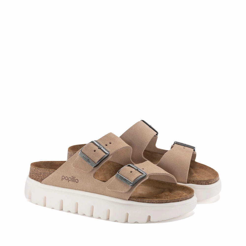 Birkenstock Women's Arizona Chunky Suede Leather Slide Sandal in Warm Sand Street Day