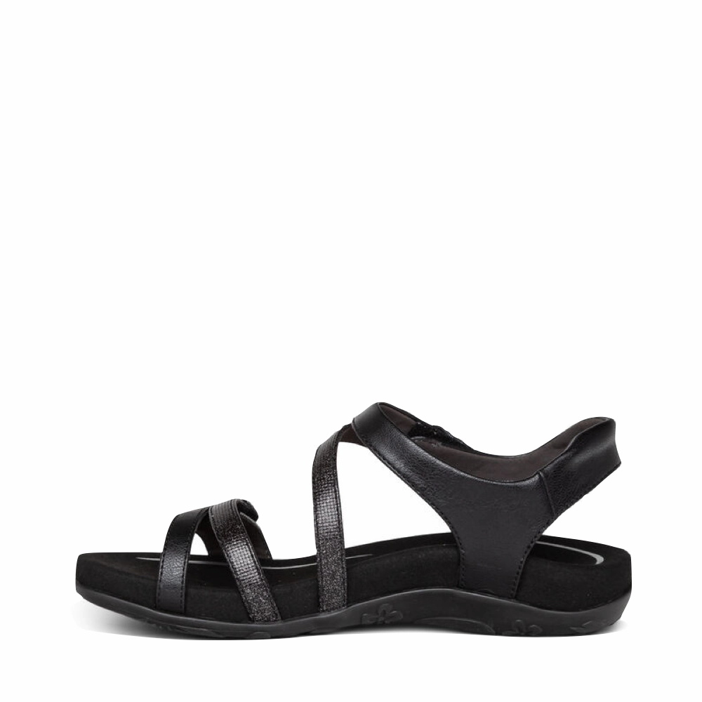 Aetrex Women's Jess Adjustable Quarter Strap Sandal in Black Easy Flow