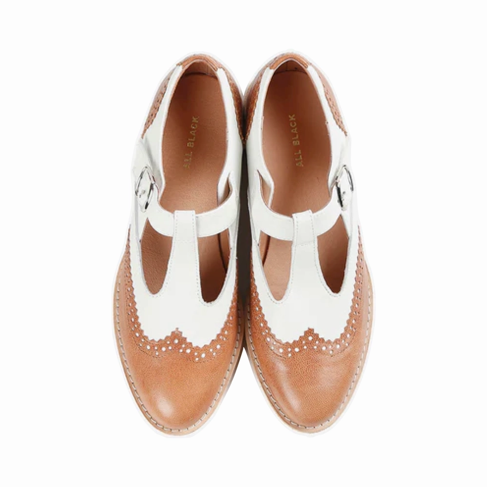 All Black Women's Belted Wings Leather Mary Jane in Brown/White Editorial Look Music Night