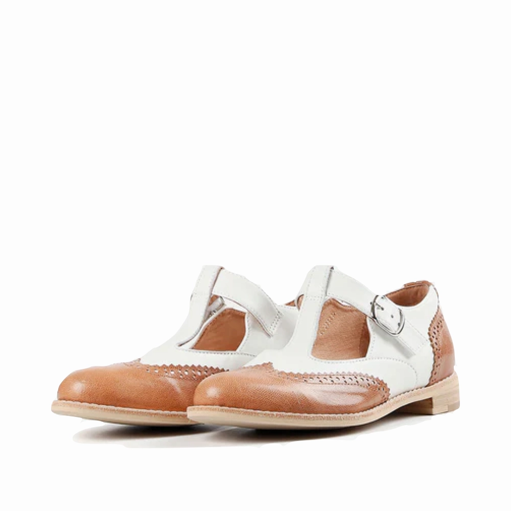 subtle style All Black Women's Belted Wings Leather Mary Jane in Brown/White