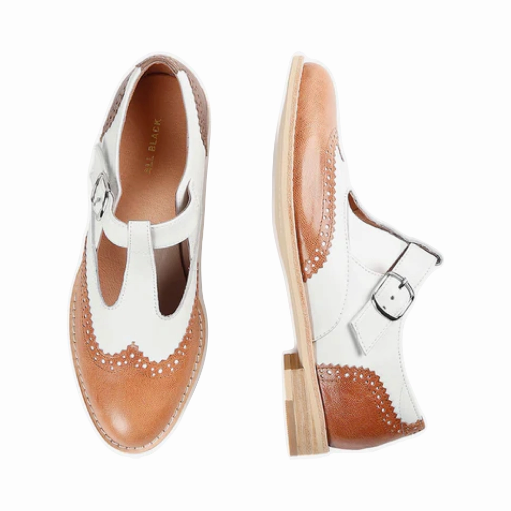 All Black Women's Belted Wings Leather Mary Jane in Brown/White Low Contrast Arch support