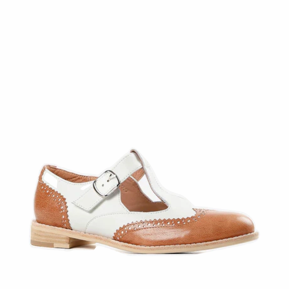 Lace Up Design Good ventilation All Black Women's Belted Wings Leather Mary Jane in Brown/White