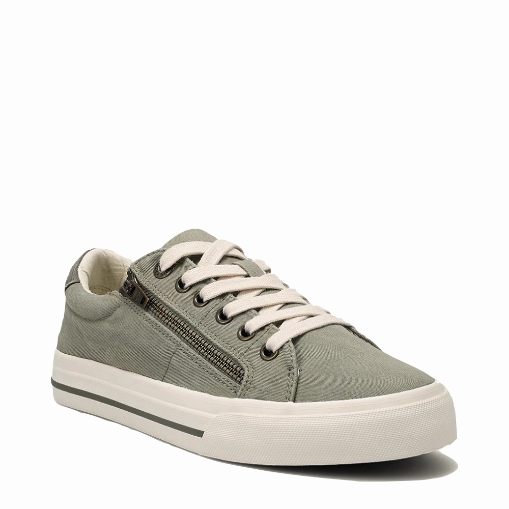 Taos Women's Z Soul Side Zip Canvas Lace Sneaker in Sage/Olive Distressed Style focused