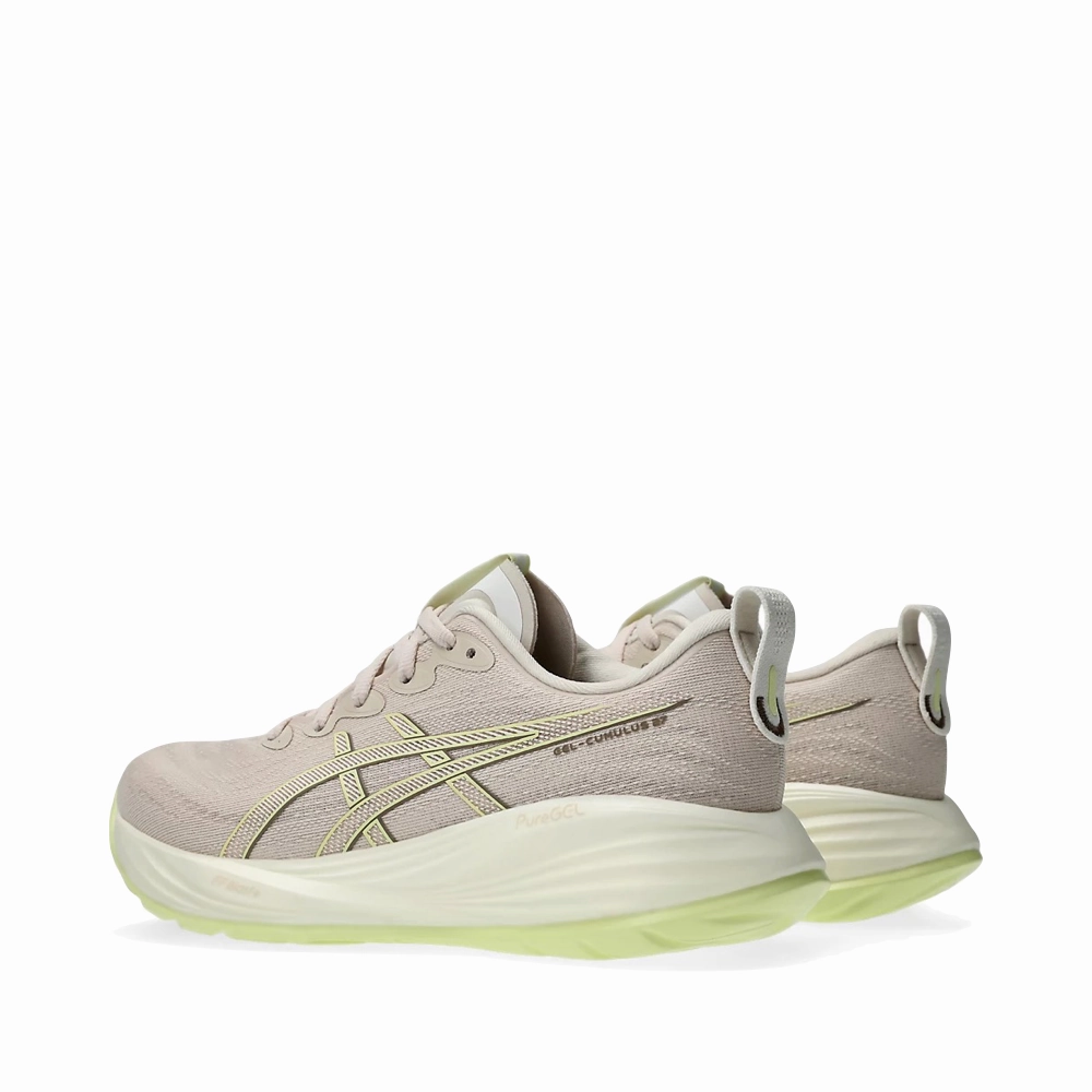 Asics Women's Gel-Cumulus 27 Sneaker in Mineral Beige/Huddle Yellow Sleek Look Hill Climb