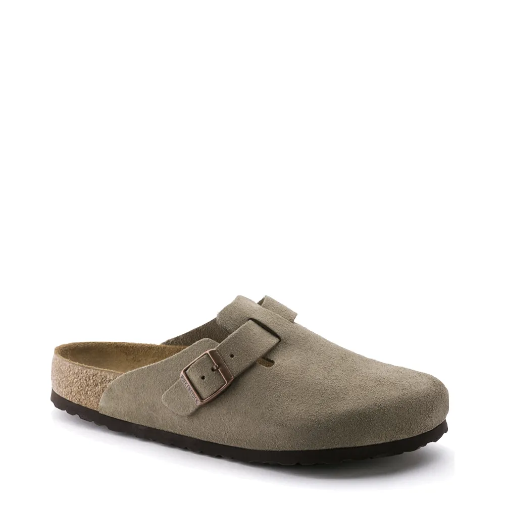 Birkenstock Boston Suede Leather Soft Footbed Clog in Taupe Ease Motion Smooth Grip