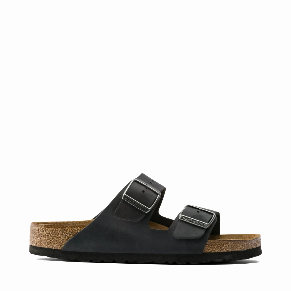 Fashion Forward Soft Band Birkenstock Arizona Oiled Leather Soft Footbed Sandal in Black