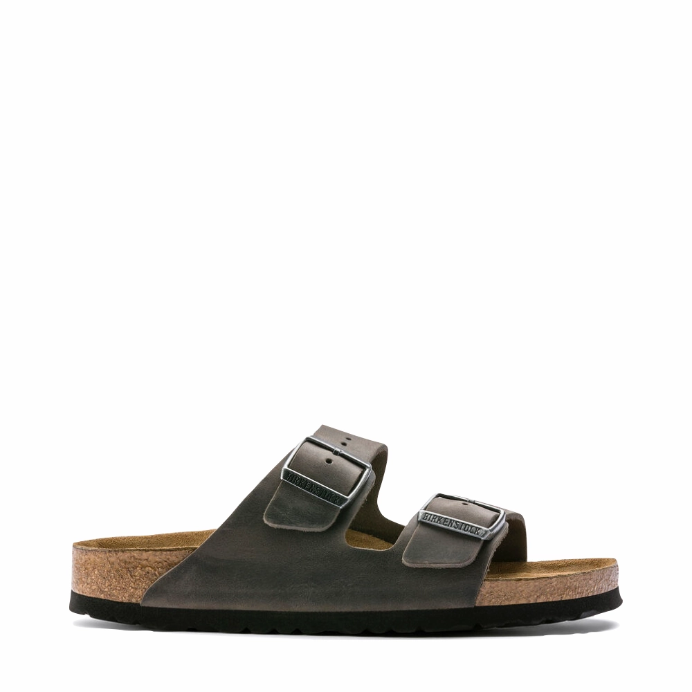 Birkenstock Arizona Oiled Leather Soft Footbed Sandal in Iron Grey Playful Step Springy sole