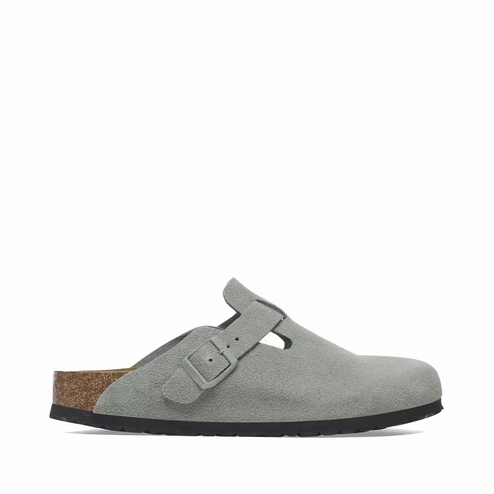 Birkenstock Boston Suede Soft Footbed Clog in Pure Sage Flat Grip Neutral Colorway