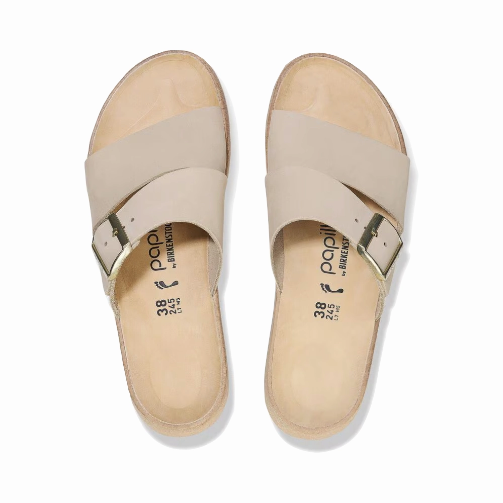 Stone Glow Birkenstock Women's Almina Slide Sandal in Sandcastle Beige