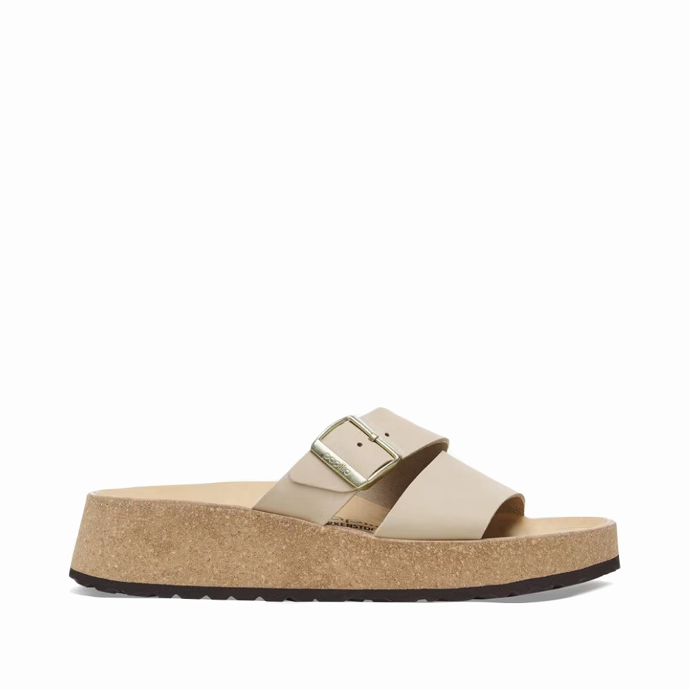High-Comfort Fit Birkenstock Women's Almina Slide Sandal in Sandcastle Beige