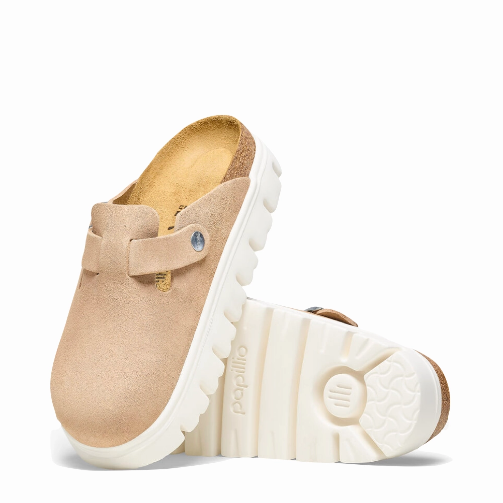 Birkenstock Women's Boston Chunky Suede Leather Clog in Warm Sand Simple Build Street Explorer