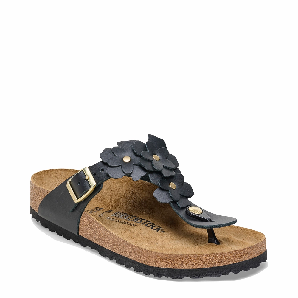 Car Ride Birkenstock Women's Gizeh Flowers Leather Sandal in Black