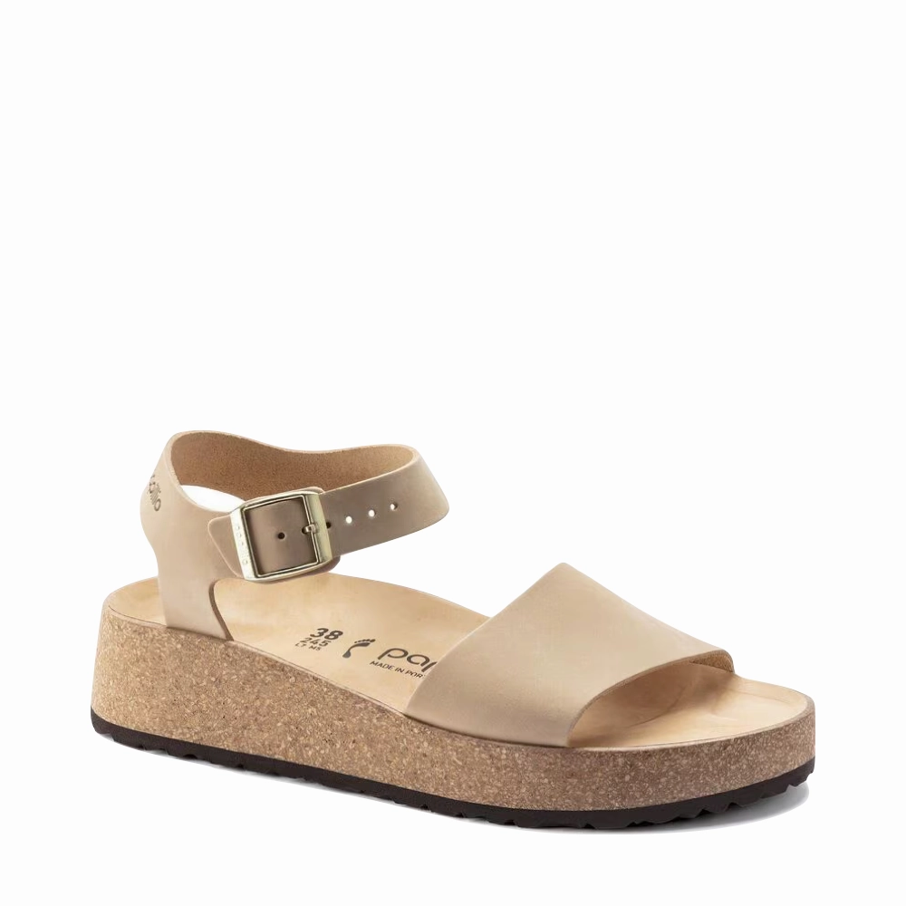 Birkenstock Women's Glenda Nubuck Leather Platform Sandal in Sandcastle Beige Comfortable Adventure Shoes Pastel Soft