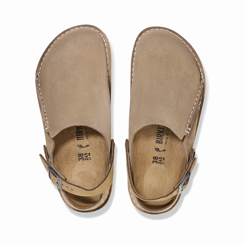 Birkenstock Women's Lutry Premium Suede Leather Clog in Gray Taupe Outdoor Day Cloud Like