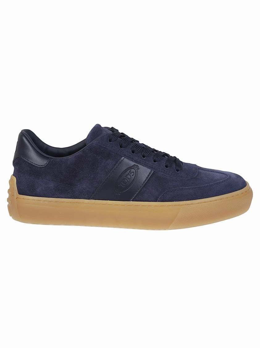 Dry Blue Leather Low-Top Sneakers With Contrasting Rubber Sole