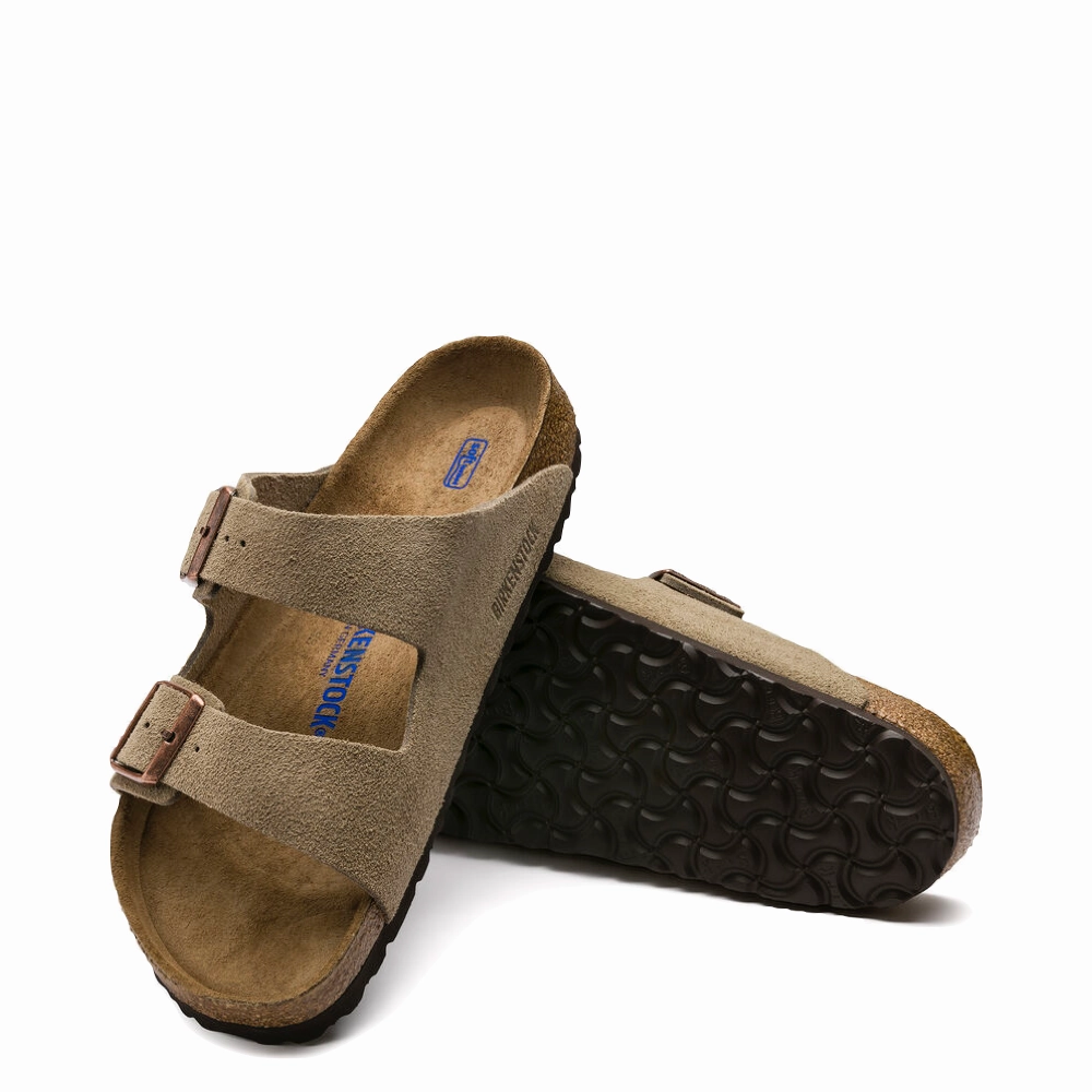Island Time Birkenstock Arizona Suede Soft Footbed Sandal in Taupe