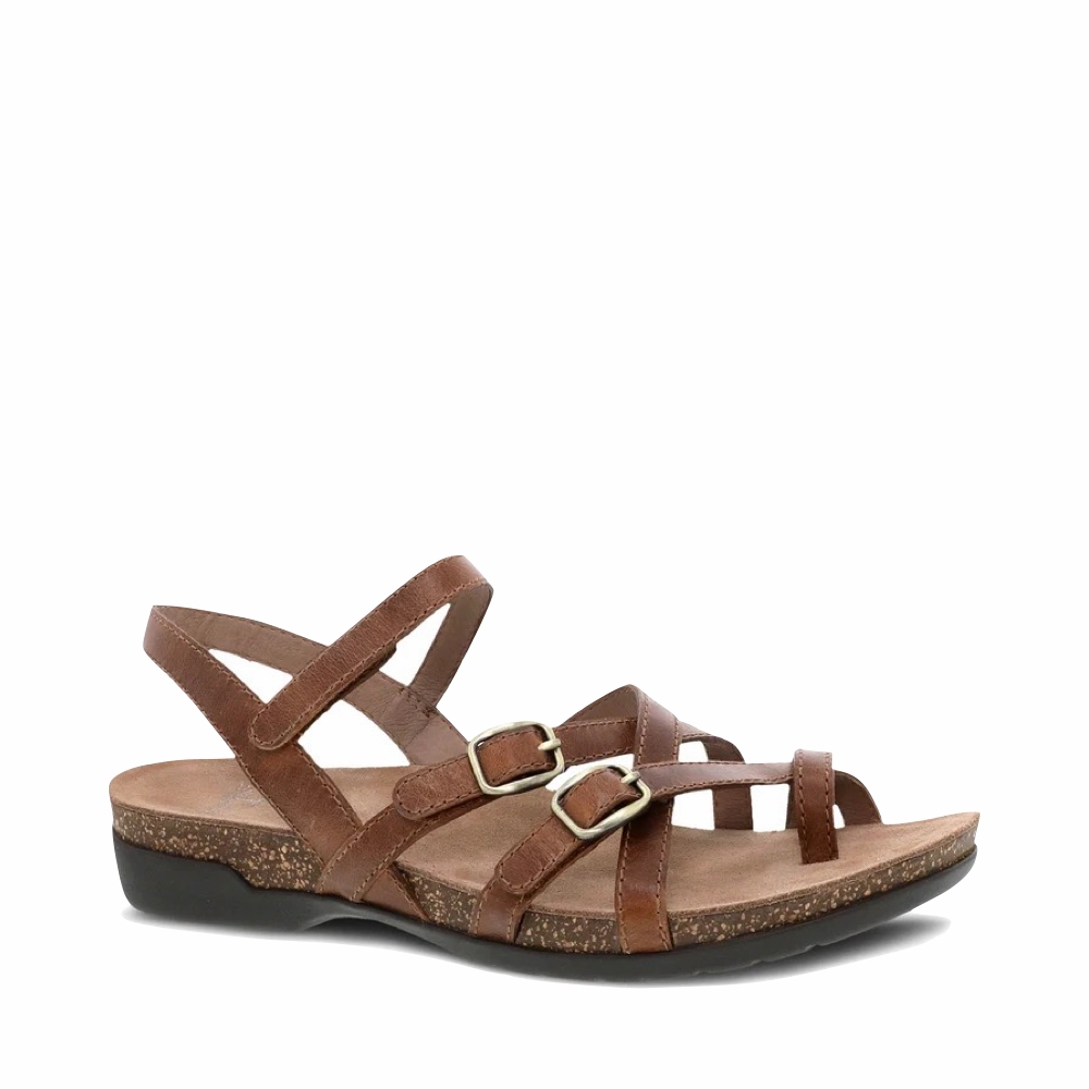 Dansko Women's Roslyn Strappy Leather Sandal in Tan Waxy casual wear shoes Sweat Free