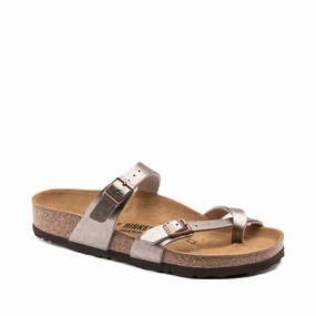 Flex Motion Reinforced Stitching Birkenstock Women's Mayari Birko-Flor Toe Loop Sandal in Graceful Taupe Metallic