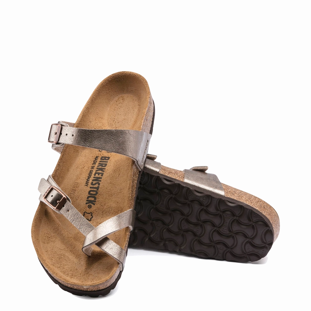 Easy Glam Soft Walk Birkenstock Women's Mayari Birko-Flor Toe Loop Sandal in Graceful Taupe Metallic