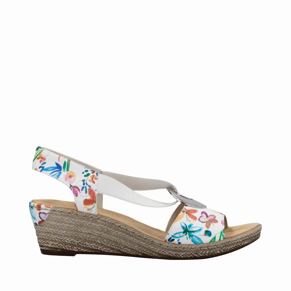 Full Grain Rieker Women's Fanni H6 Wedge Sandal in White Multi Meadow