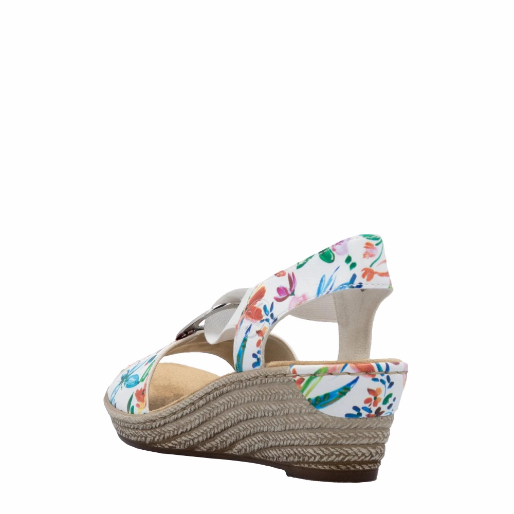 Black Tie Main Move Rieker Women's Fanni H6 Wedge Sandal in White Multi Meadow