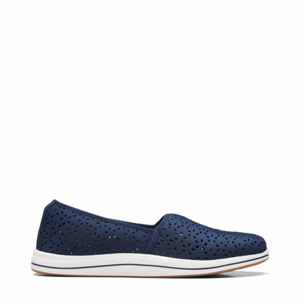 Clarks Women's Breeze Emily Perfed Slip On in Navy Flat Design Functional Look