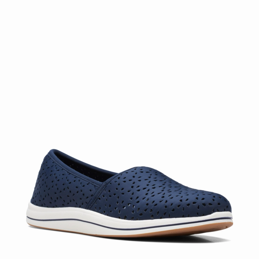 Coastal Mood Synthetic Upper Clarks Women's Breeze Emily Perfed Slip On in Navy