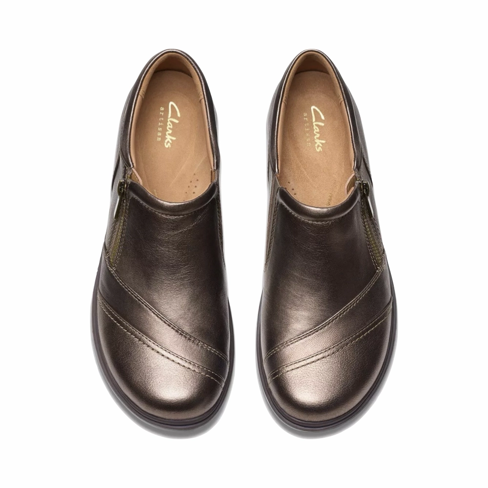 Clarks Women's Certina Pure Leather Side Zip Slip On in Antique Brown Bronze Taxi Ride