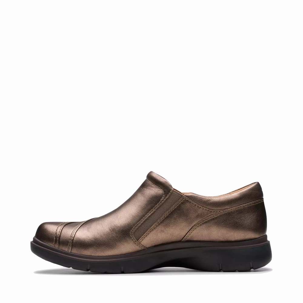 Clarks Women's Certina Pure Leather Side Zip Slip On in Antique Brown Bronze Shock Support Wave Run