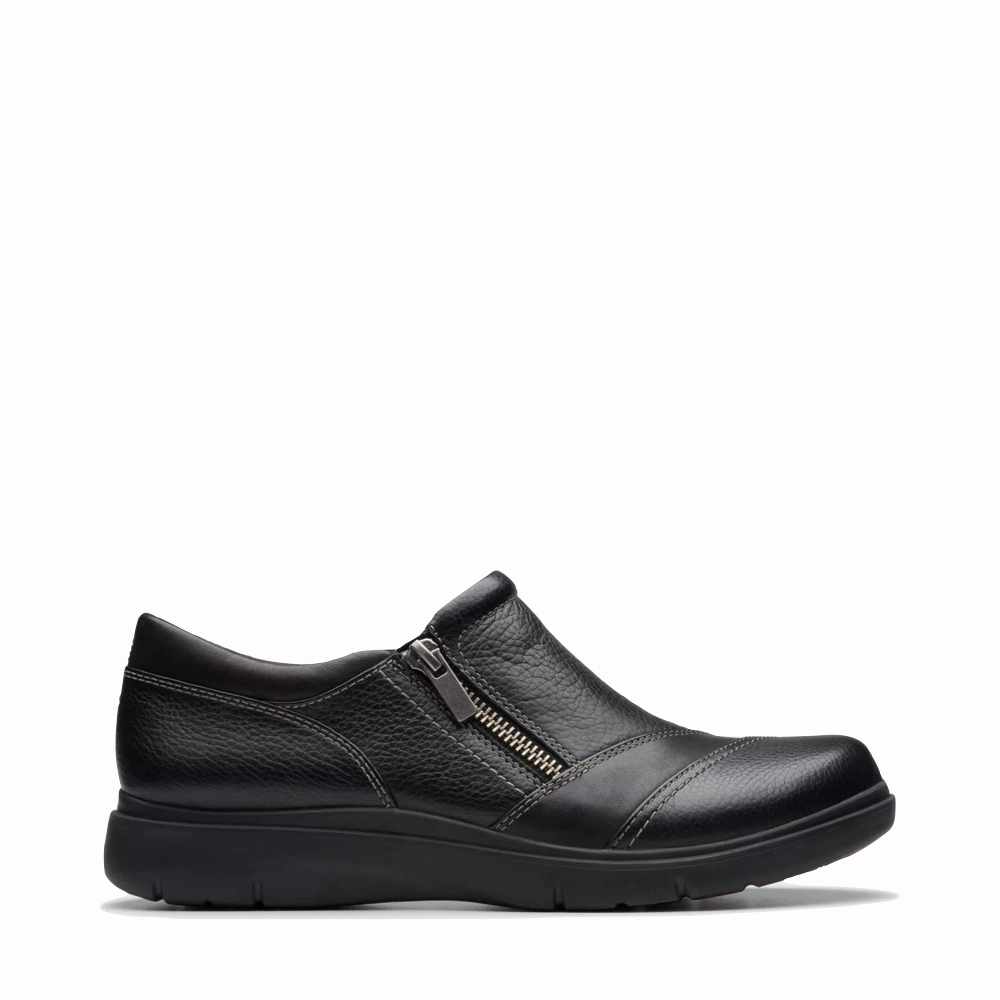 Clarks Women's Certina Pure Leather Side Zip Slip On in Black On Move