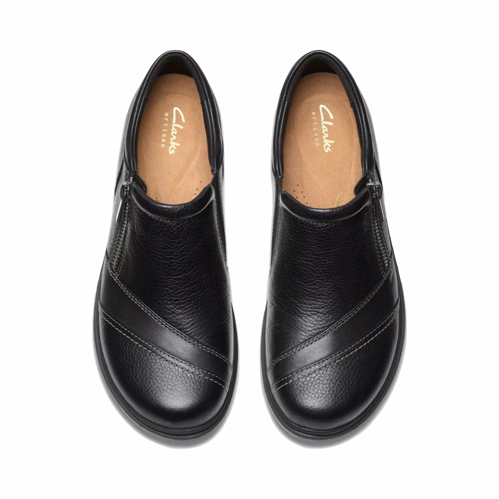 Clarks Women's Certina Pure Leather Side Zip Slip On in Black Everyday Footwear