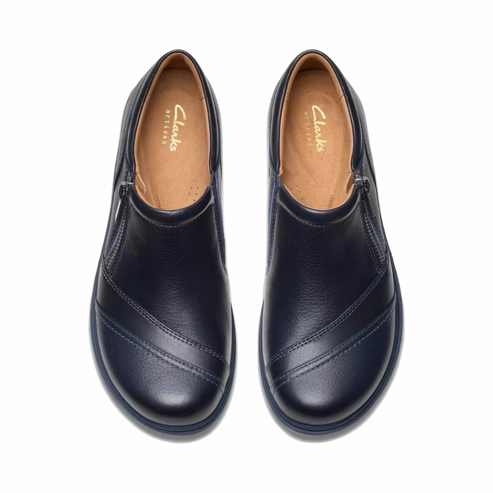 Clarks Women's Certina Pure Leather Side Zip Slip On in Navy Clean Shape Lightweight Outsole