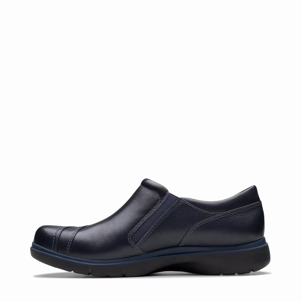 Sporty Clarks Women's Certina Pure Leather Side Zip Slip On in Navy