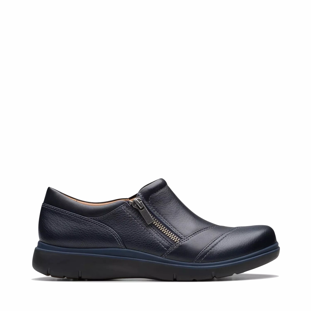Stretchable Clarks Women's Certina Pure Leather Side Zip Slip On in Navy