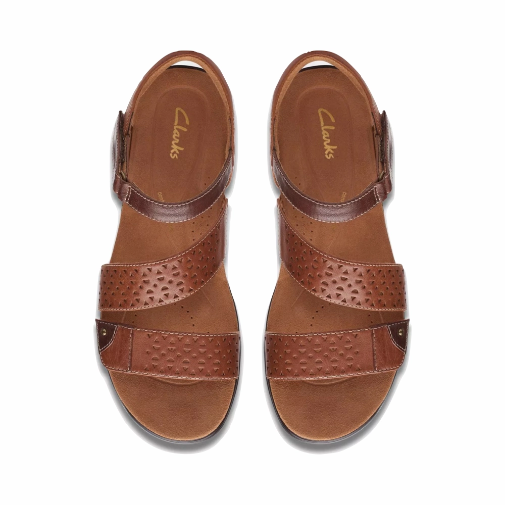 Clarks Women's Kitly Way Strap Sandal in Tan hook and loop closure Fast Slide