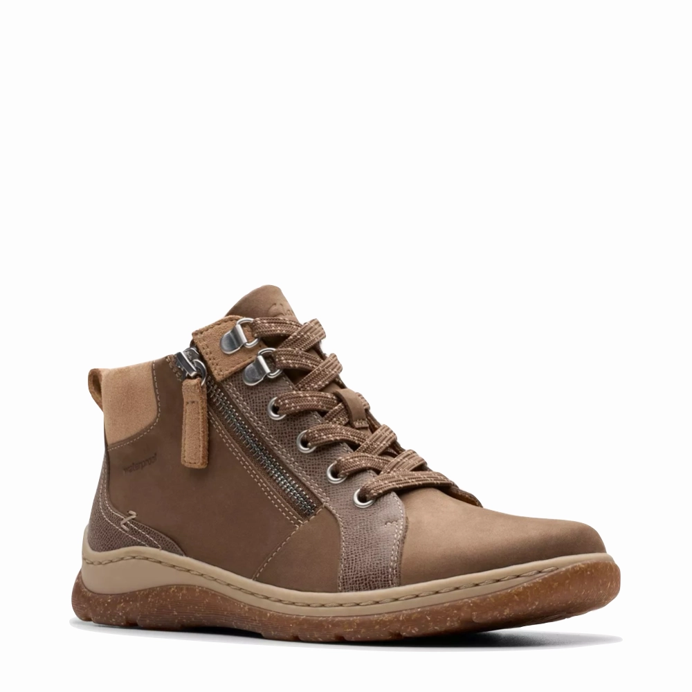 Clarks Women's Orlene Top Waterproof Boots in Dark Sand Nubuck Minimalist Design