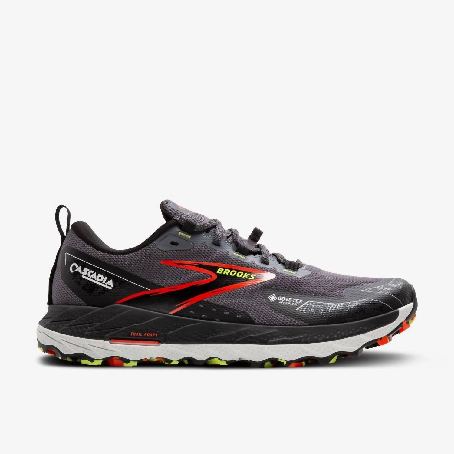 Mens Cascadia 18 Gtx Shoes In Blackened Pearl/black/tomato running in a neighborhood