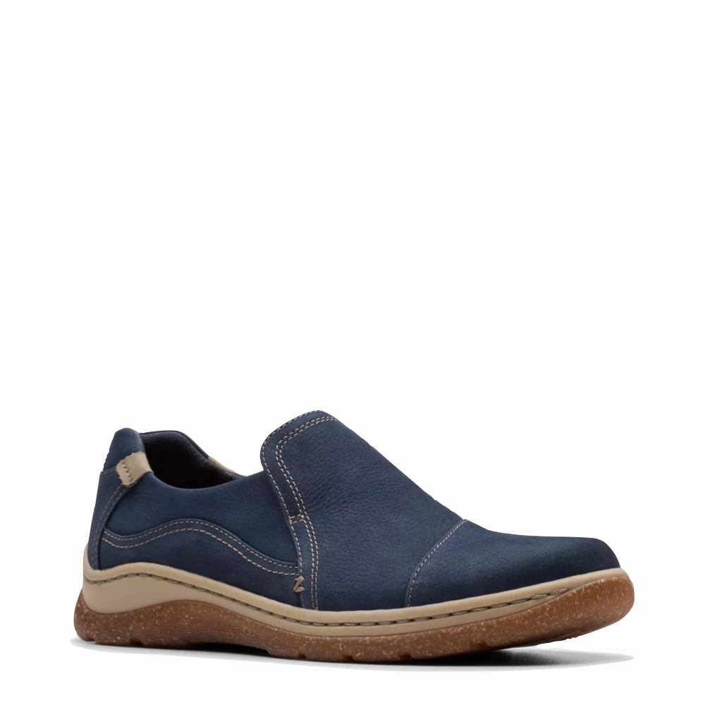 Clarks Women's Orlene Slip On in Navy Nubuck Traction Control Step Safe