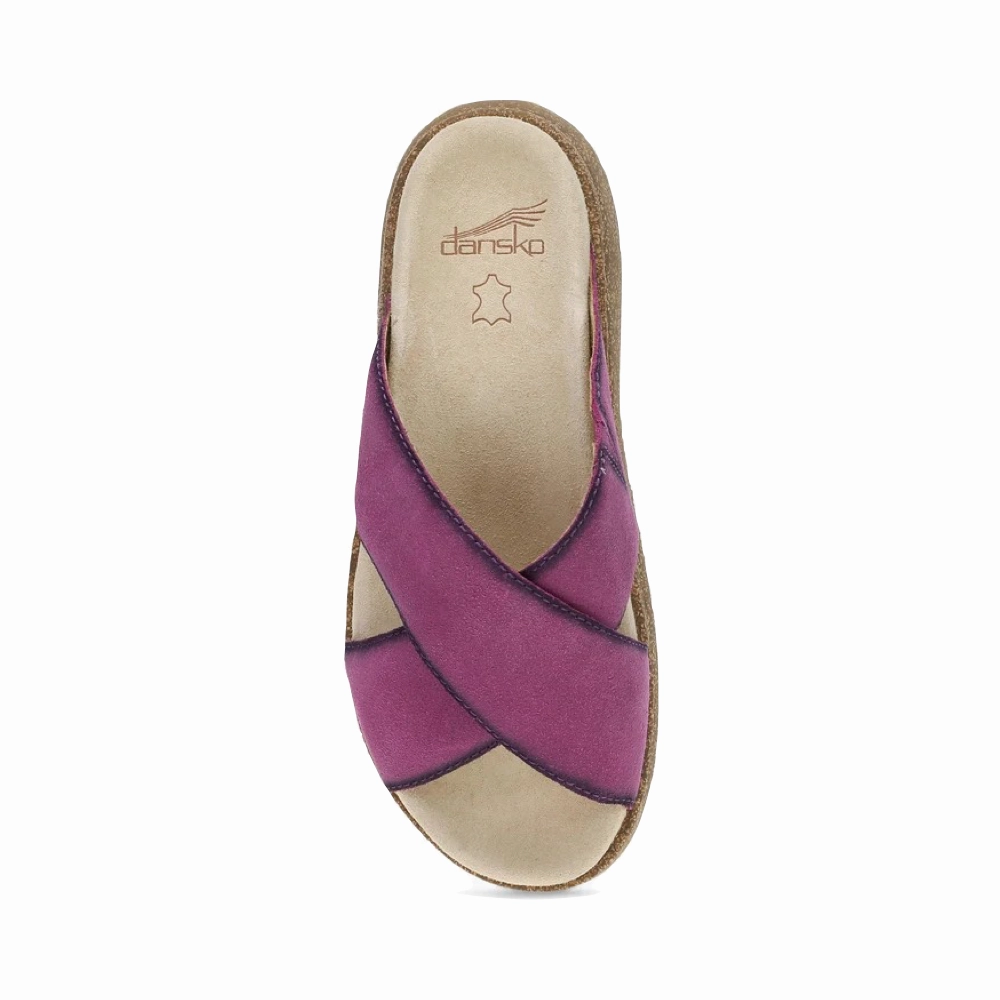 Easy Match Dansko Women's Bridget Leather Platform Slide Sandal in Plum Burnished Suede