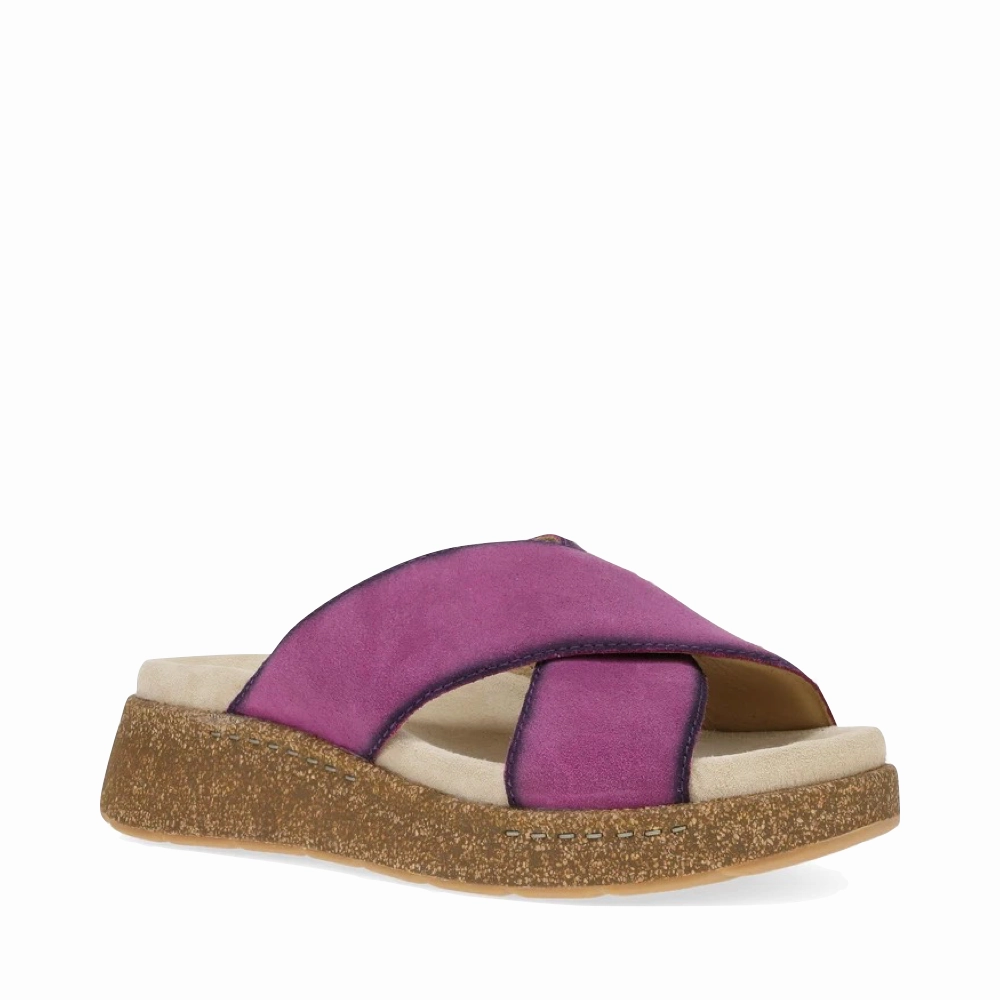 Dansko Women's Bridget Leather Platform Slide Sandal in Plum Burnished Suede Essential Fit Work Day