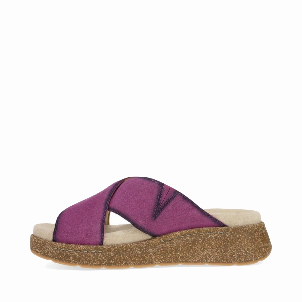 Dansko Women's Bridget Leather Platform Slide Sandal in Plum Burnished Suede Shock Absorb