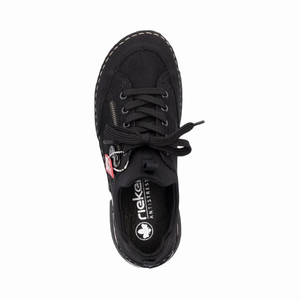 Shock   Absorbing Clean Stitch Rieker Women's Angela 73 Side Zip Lace Sneaker in Black