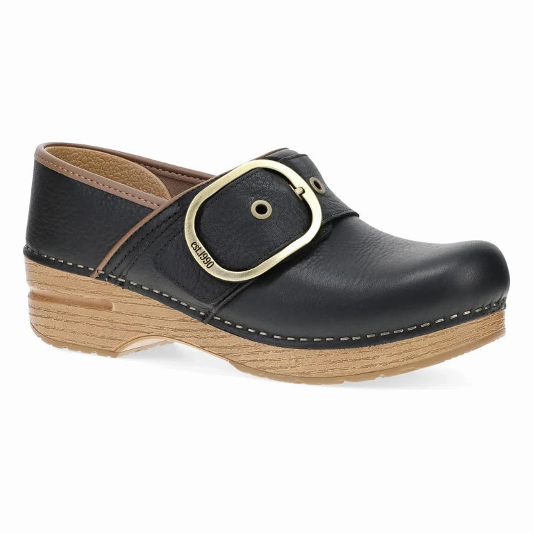 Dansko Women's Pearson Buckle Clog in Black Tumbled Leather Ergonomic Shape Prairie Hike