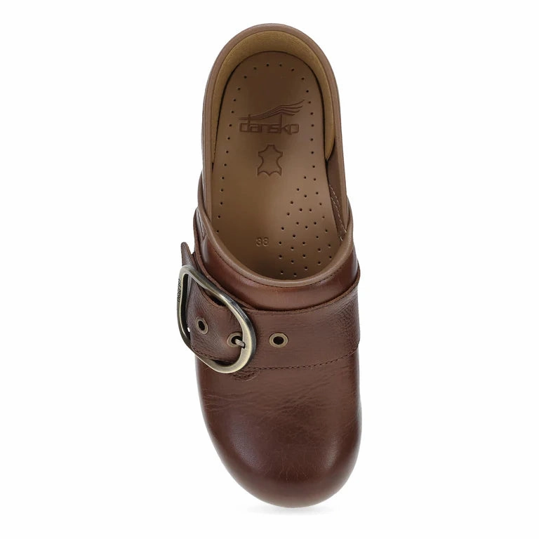 Dansko Women's Pearson Buckle Clog in Brown Waxy Leather Waterproof Option