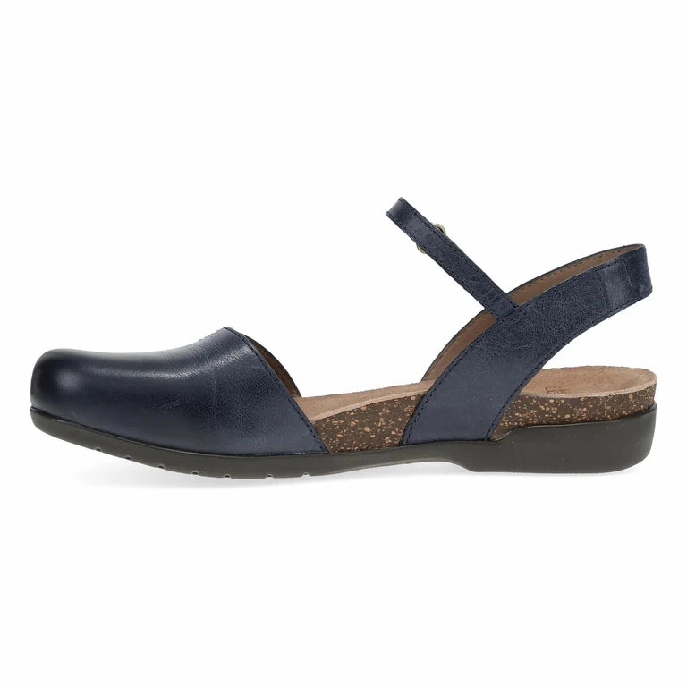 Dansko Women's Rowan Closed Toe Sandal in Navy Waxy Burnished Leather Pass Step