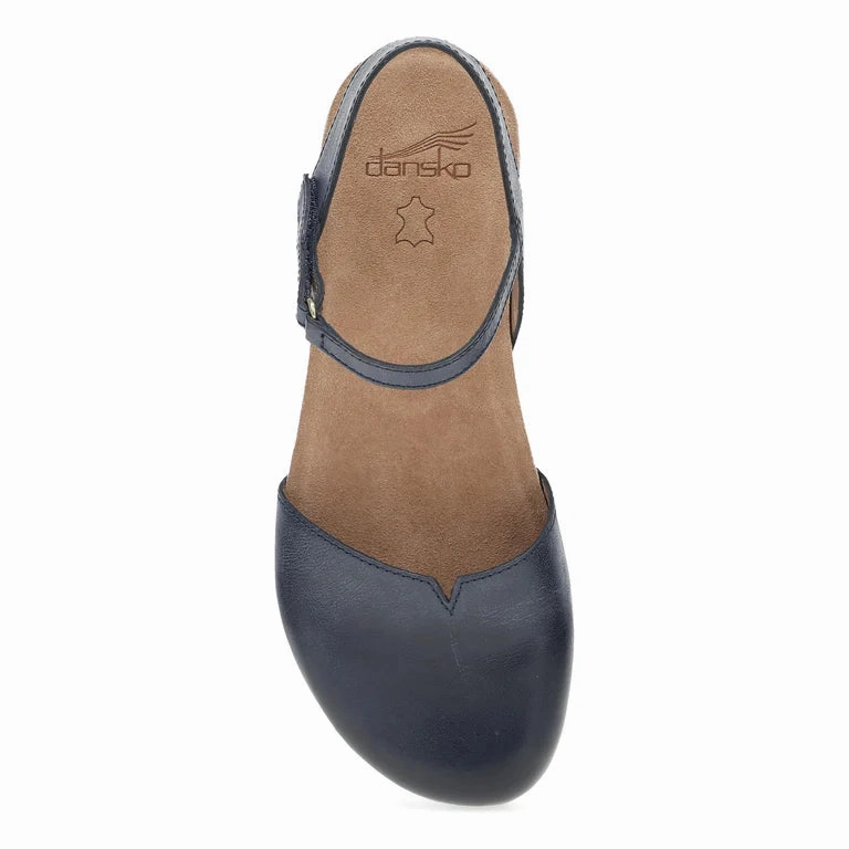 Sock Like Comfortable Straps Dansko Women's Rowan Closed Toe Sandal in Navy Waxy Burnished Leather