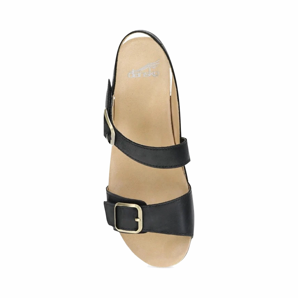 synthetic material Fashion Focus Dansko Women's Trinity Heeled Sandal in Black Burnished Nubuck