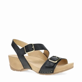 Dansko Women's Trinity Heeled Sandal in Black Burnished Nubuck Subtle Finish