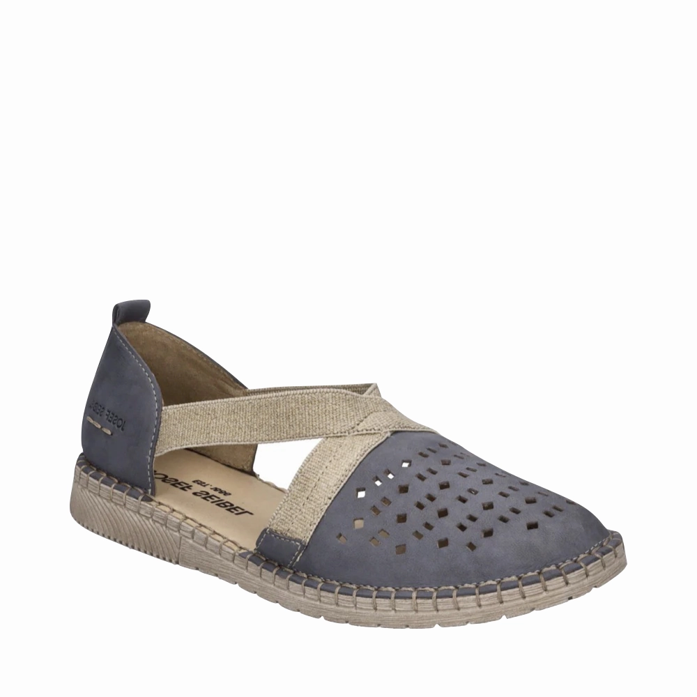 Flower Jog Reinforced heel Josef Seibel Women's Sofie 44 Cross Strap Slip On in Jeans Blue