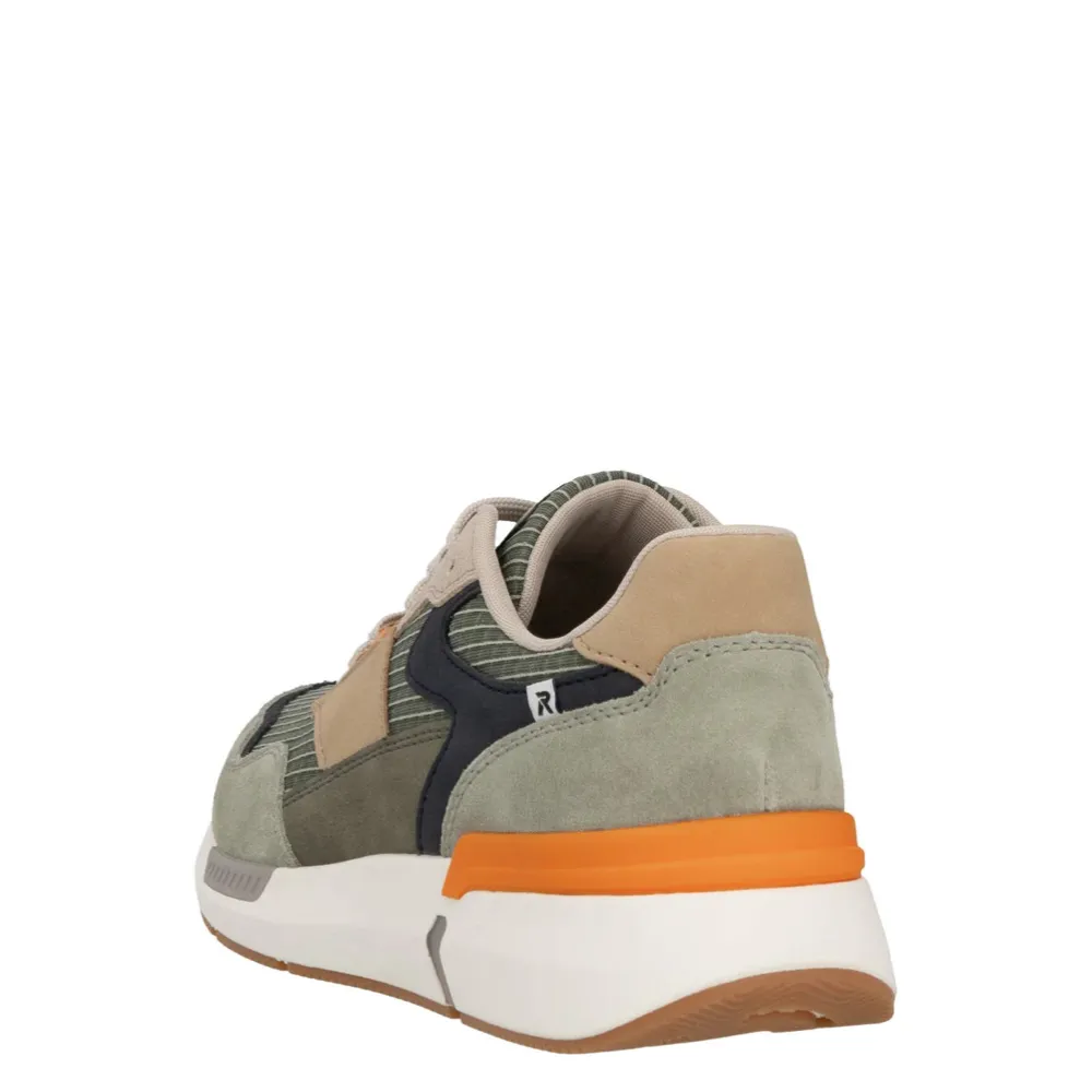 Rieker Men's Justus 02 Sneaker in Pistachio/Pazific/Olive label exercise shoes